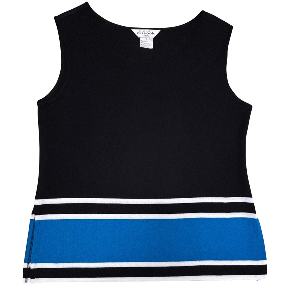 Misook Womens Petite Sleeveless Shell Tank Top Large Black Blue White Striped